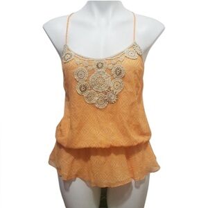 FREE PEOPLE 100% Silk Crochet Orange Bohemian Cami Paplum Top Blouse Size L
